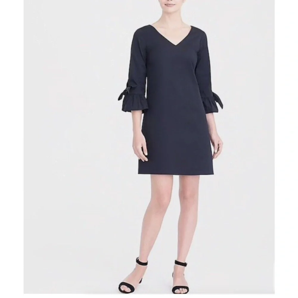 J. Crew Factory black ruffle bell sleeve w tie v-neck shift dress back zip
